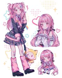 1girl :3 :o ^^^ absurdly_long_hair absurdres animal bandaid bandaid_on_leg bare_shoulders bead_necklace beads belt black_belt black_boots black_bow black_eyes black_jacket black_ribbon blush_stickers boots bow bow_choker bow_legwear bowtie bra_strap brooch buttons cat cellphone chibi choker cloak closed_mouth clothed_animal collared_shirt cropped_torso dot_nose ear_covers emiroll_art expressionless eyelashes flip_phone frilled_jacket frilled_shirt frilled_skirt frilled_sleeves frills full_body fur-trimmed_jacket fur-trimmed_sleeves fur_leg_warmers fur_trim grey_skirt gyaru hair_bow hair_intakes hair_ornament hair_ribbon hair_scrunchie hairclip halftone hands_on_own_cheeks hands_on_own_face happy heart heart_hair_ornament heart_necklace heart_print heart_tattoo highres holding holding_phone hood hood_up hooded_cloak infinity_nikki jacket jewelry kneehighs layered_skirt leg_tattoo leg_warmers light_blush long_hair long_sleeves looking_at_viewer low_twintails mary_janes medium_skirt miniskirt momo_(nikki) multiple_views necklace necktie nikki_(nikki) nikki_(series) off-shoulder_shirt off_shoulder open_mouth own_hands_together perfect_start_(infinity_nikki) phone pink_bow pink_bowtie pink_choker pink_eyes pink_hair pink_leg_warmers pink_necktie pink_scrunchie pink_shoes pink_skirt plaid_clothes plaid_skirt platform_boots pleated_skirt puffy_long_sleeves puffy_sleeves rainbow_hair_ornament red_bow red_bowtie ribbon ribbon_earrings rosie_sweetheart_(infinity_nikki) scrunchie shirt shoes sidelocks single_stripe skirt sleeves_past_wrists smile snowflake_print snowflakes socks solid_oval_eyes standing star_(symbol) star_hair_ornament star_print striped_bow striped_bowtie striped_choker striped_clothes tattoo tie_clip tress_ribbon twintails two_side_up very_long_hair wavy_hair white_background white_cat white_shirt white_skirt white_socks x_hair_ornament y2k_fashion yellow_cloak yellow_ribbon