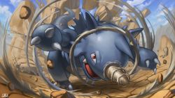 cloud commentary_request day fang gen_1_pokemon highres incoming_attack nintendo no_humans open_mouth outdoors pokemon pokemon_(creature) pokemon_focus red_eyes rhydon rock sky solo spareribs tongue
