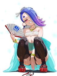 1girl adapted_costume blue_hair blush bracelet capelet chest_sarashi collarbone ear_piercing facing_viewer folding_fan grin hair_over_one_eye hand_fan head_tilt highres jewelry looking_at_viewer navel necklace nintendo paper_fan piercing red_eyes sandals sarashi shiver_(splatoon) smile solo splatoon_(series) splatoon_3 squatting t2ukmyjm tentacle_hair thick_thighs thighhighs thighs white_background