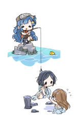._. 3girls ancient_greek_clothes asari_nanami baseball_cap bird black_hair blue_hair blunt_bangs blush broken_pillar brown_hair brown_shorts chair closed_eyes commentary_request dress duck fish_hair_ornament fishing fish_hook fishing_rod greco-roman_clothes hair_ornament hanging hat hayami_kanade holding holding_fishing_rod hood hoodie idolmaster idolmaster_cinderella_girls long_hair multiple_girls nitta_minami open_mouth orange_hoodie outstretched_hand reaching secret_daybreak_(idolmaster) shoes short_hair shorts simple_background sitting spawnfoxy water white_background white_dress yellow_bird