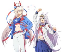 Rule 34 | 2girls, ahoge, animal ears, arm up, arrow (symbol), belt, blue eyes, blue jacket, blue sailor collar, blue skirt, blue sleeve cuffs, blue sports bra, breasts, clenched hands, closed mouth, collarbone, commentary request, cosplay, costume switch, cowboy shot, ear covers, ear ornament, fingerless gloves, gloves, grey hair, grey tail, hair ornament, hairband, height difference, highleg, highleg panties, highres, horse ears, horse girl, horse tail, jacket, korean commentary, lapels, lightning bolt print, long hair, looking at another, medium breasts, midriff, multiple girls, navel, neckerchief, notched lapels, oguri cap (umamusume), oguri cap (umamusume) (cosplay), open clothes, open shirt, panties, pants, panty peek, pleated skirt, red belt, red lapels, red neckerchief, red sleeve cuffs, sailor collar, sailor shirt, shirt, shirt under shirt, simple background, skirt, sports bra, standing, star ornament, tail, tamamo cross (umamusume), tamamo cross (umamusume) (cosplay), umamusume, underwear, very long hair, white background, white gloves, white pants, white shirt, yangmal (uma red sheep)