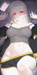 1girl absurdres bare_shoulders bed_sheet black_jacket black_shorts breasts camisole cellphone closed_mouth colored_eyelashes commission crop_top dolphin_shorts expressionless grey_hair grey_shirt hands_up highres jacket lethe_rin long_hair long_sleeves looking_at_viewer lying medium_breasts micro_shorts midriff navel off_shoulder on_back open_clothes open_jacket original orn phone red_eyes shirt short_shorts shorts sleeveless sleeveless_shirt smartphone solo spaghetti_strap stomach strap_slip sweatdrop thighs white_eyelashes white_hair