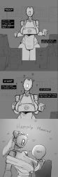 1girl absurdres apron artist_request breasts character_request dress english_text formal_clothes heart height_difference hetero highres huge_breasts humanoid_robot iced_latte_with_breast_milk_(meme) large_breasts looking_at_viewer married meme naked_apron ? robot size_difference suit text_focus wedding_dress