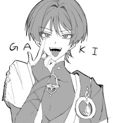 1boy :p akanbe armor black_mouth blunt_ends bodysuit cape covered_collarbone eyelid_pull finger_to_eye fingernails gem genshin_impact greyscale hair_intakes hand_up highres index_finger_raised japanese_armor kote looking_at_viewer male_focus mandarin_collar middle_ring monochrome no6_gnsn open_mouth portrait romaji_text rope scaramouche_(genshin_impact) sharp_teeth short_sleeves shoulder_peek solo teeth tongue tongue_out tsurime vision_(genshin_impact) wanderer_(genshin_impact) white_background wispy_bangs