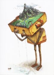 absurdres vent_(object) boat cloud crying forest highres mechanical_arms mechanical_legs mountain nature original river robot tagme tsuboi_hajime watercraft