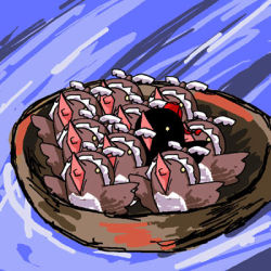 female_focus hat in_nest lowres mystia_lorelei mystia_lorelei_(bird) nest no_humans odd_one_out open_mouth shameimaru_aya shameimaru_aya_(crow) tokin_hat touhou what