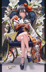 00nanona 1girl absurdres black_hair black_nails blue_skirt colored_inner_hair crossed_legs flower food fruit gold_choker highres holding holding_food holding_fruit japanese_clothes kimono long_hair long_sleeves looking_at_viewer multicolored_hair nail_polish obi original print_kimono sash sitting skirt solo white_hair wide_sleeves