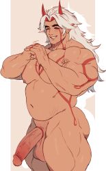 1boy absurdres arataki_itto bara closed_eyes completely_nude dusk feet_out_of_frame full-body_tattoo genshin_impact highres horns large_pectorals large_penis long_hair male_focus manly mature_male muscular muscular_male nipples nude pectorals penis simple_background smile solo sweat sweatdrop tattoo testicles thick_eyebrows thick_eyelashes thick_thighs thighs varant_art veins white_hair