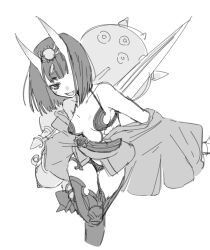 Rule 34 | 1girl, bob cut, breasts, fangs, fate/grand order, fate (series), greyscale, headpiece, highres, holding, holding weapon, horns, japanese clothes, kaigan0211, kimono, looking at viewer, monochrome, off shoulder, revealing clothes, short hair, shuten douji (fate), simple background, sketch, skin-covered horns, small breasts, smile, solo, thighhighs, weapon, white background