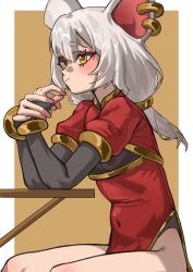 1girl absurdres animal_ears blush breasts china_dress chinese_clothes covered_navel dress eiferqimuyu embarrassed grey_hair highres long_hair low_twintails mouse_ears mouse_girl mouse_girl_(wuju59) nipples no_panties original red_dress see-through_clothes sitting small_breasts solo twintails yellow_eyes