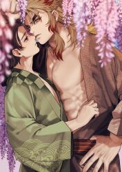 2boys adam&#039;s_apple bare_pectorals brown_hair brown_kimono clenched_hand collarbone flower green_kimono hassy_0225 highres japanese_clothes kamado_tanjirou kimetsu_no_yaiba kimono long_sleeves male_focus multiple_boys obi open_clothes open_kimono orange_eyes parted_lips pectorals rengoku_kyoujurou sash v-shaped_eyebrows wisteria yaoi