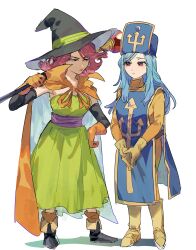 Rule 34 | 2girls, absurdres, black boots, black hat, black sleeves, blue hair, blue hat, blue tabard, bodysuit, boots, breasts, cape, closed mouth, commentary request, detached sleeves, dragon quest, dragon quest iii, dress, earrings, full body, gloves, green dress, hand on own hip, hat, highres, holding, holding staff, jewelry, long hair, looking at another, mage (dq3), mage staff, medium breasts, medium hair, mogana zo, multiple girls, orange bodysuit, orange cape, orange gloves, pink hair, popped collar, priest (dq3), purple sash, red eyes, red lips, sash, staff, standing, tabard, two-sided cape, two-sided fabric, white background, witch hat, yellow boots, yellow gloves