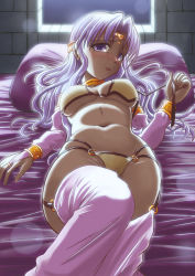 1girl arabian_clothes backlighting bed blush breasts d-n dancer_(ragnarok_online) dark-skinned_female dark_skin female_focus jewelry long_hair lots_of_jewelry lying pillow purple_eyes purple_hair ragnarok_online solo undressing