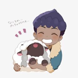 Rule 34 | 1boy, bebe 0620, black hair, blue jacket, blush, closed eyes, dark-skinned male, dark skin, facing viewer, fingernails, gen 8 pokemon, grey background, grin, holding, holding pokemon, hop (pokemon), jacket, male focus, nintendo, pokemon, pokemon (creature), pokemon swsh, smile, translation request, wooloo