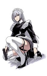 1girl absurdres ak-15_(girls&#039;_frontline) alternate_costume apron breasts choebal1356201 closed_mouth detached_collar full_body garter_straps girls&#039;_frontline grey_hair gun hair_over_one_eye high_heels highres holding holding_gun holding_weapon legs long_hair long_sleeves looking_at_viewer maid maid_apron maid_headdress on_floor purple_eyes serious simple_background sitting solo thighhighs thighs weapon white_background white_thighhighs white_wrist_cuffs wrist_cuffs