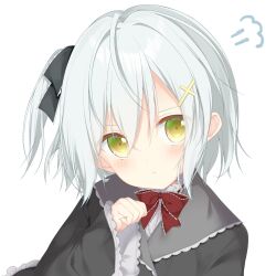 1girl :t \||/ ahoge astralair_no_shiroki_towa black_dress black_ribbon blush bow bowtie clenched_hand closed_mouth collar commentary commission cross_hair_ornament dress eyes_visible_through_hair frilled_bow frilled_dress frilled_ribbon frilled_shirt_collar frilled_sleeves frills fuwa_mochiri grey_collar grey_hair hair_between_eyes hair_ornament hair_ribbon hand_up head_tilt highres hotaru_rinne long_sleeves looking_at_viewer medium_hair one_side_up pout puff_of_air red_bow red_bowtie ribbon skeb_commission solo upper_body v-shaped_eyebrows wide_sleeves yellow_eyes