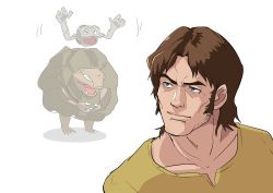 1boy blouse brown_eyes brown_hair creatures_(company) crossover cucuruz_doan game_freak gen_1_pokemon geodude golem_(pokemon) gundam hair_behind_ear looking_back male_focus mobile_suit_gundam nintendo ogasawara open_hands pokemon pokemon_(creature) portrait shirt solo_focus white_background yellow_shirt
