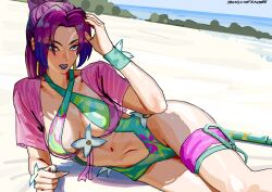 1girl animification breasts butterfly_ornament cleavage green_one-piece_swimsuit hair_ribbon highres ironicnotsavage large_breasts long_hair looking_at_viewer marvel marvel_rivals official_alternate_costume one-piece_swimsuit ponytail psylocke psylocke_(breezy_butterfly) purple_hair ribbon solo swimsuit water x-men