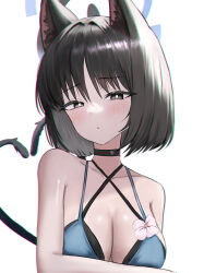 1girl absurdres animal_ear_fluff animal_ears black_choker black_eyes black_hair blue_archive breasts cat_ears cat_girl cat_tail choker cleavage flower highres kikyou_(blue_archive) kikyou_(swimsuit)_(blue_archive) liiigang looking_at_viewer multiple_tails official_alternate_costume parted_bangs pink_flower short_hair solo tail two_tails