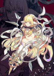 1girl animal_ears blonde_hair blue_eyes blush boots convenient_censoring diabolique flat_chest hair_ornament hair_over_breasts half-closed_eyes hand_up hayasaka highres jumolchiel light_particles long_hair long_sleeves looking_at_viewer nude outline red_background revealing_clothes ribbon shrug_(clothing) smile solo thigh_boots very_long_hair white_boots white_outline white_ribbon white_shrug zoom_layer