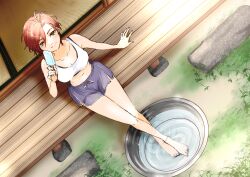 Rule 34 | 1girl, absurdres, alternate costume, antenna hair, arm support, bare legs, barefoot, basin, blue nails, blue shorts, breasts, brown hair, cleavage, collarbone, crop top, crossed ankles, day, dolphin shorts, drawstring, dutch angle, feet, food, from above, full body, grass, green eyes, hair between eyes, hand up, highres, hogehogemoji06, holding, holding food, idolmaster, idolmaster cinderella girls, kiba manami, large breasts, legs, looking at viewer, looking up, nail polish, navel, outdoors, popsicle, porch, rock, short shorts, shorts, soaking feet, solo, sports bra, swept bangs, tatami, toenail polish, toenails, water, white sports bra, wooden floor