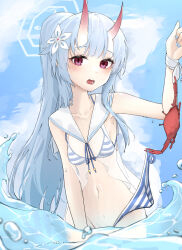 1girl bikini blue_archive blue_hair blush bottomless breasts chise_(blue_archive) chise_(swimsuit)_(blue_archive) convenient_censoring crab flower hair_flower hair_flower hair_ornament halo highres horns ka_keo looking_at_viewer open_mouth panties ponytail red_eyes red_horns sailor_collar small_breasts stomach swimsuit tagme translucent underwear unworn_panties water water_censor white_sailor_collar wrist_bow