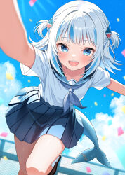 1girl :d alternate_costume blue_eyes blue_neckerchief blue_sailor_collar blue_skirt blue_sky blue_streaks choppy_bangs cloud confetti fins fish_tail gawr_gura hair_ornament highres hololive hololive_english lokyin_house looking_at_viewer neckerchief open_mouth outstretched_arms pleated_skirt sailor_collar shark_girl shark_hair_ornament shark_tail sharp_teeth shirt shirt_tucked_in short_hair skirt sky smile solo standing standing_on_one_leg tail teeth two_side_up virtual_youtuber white_shirt
