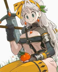 1girl andrewcockroach apple armor bikini_armor black_gloves breasts cleavage closed_mouth food fruit gloves green_eyes grey_hair hairband highres holding jewelry long_hair navel original sitting smile solo thighhighs tomato yellow_hairband