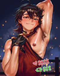 1boy armpit_hair armpits artist_name bludwing blush brown_eyes brown_hair clothes_pull eyebrow_piercing face_piercing fingerless_gloves gaming_(genshin_impact) genshin_impact gloves hair_between_eyes highres light_smile looking_at_viewer male_focus medium_hair mole mole_on_armpit mole_on_neck nipple_piercing piercing shirt_pull simple_background solo sweat toned toned_male twitter_strip_game