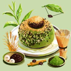 bread food food_focus green_background issiki_toaki leaf matcha_(food) multiple_others no_humans official_art original plate simple_background