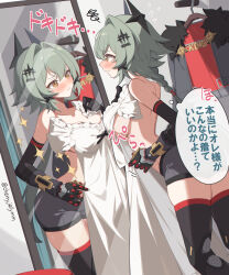 1girl black_boots blush boots breasts brown_eyes caesar_king_(zenless_zone_zero) clothes_hanger commentary_request dress dressing_room green_hair grey_shorts highres holding holding_unworn_clothes holding_unworn_dress horns jacket large_breasts long_hair looking_at_mirror mechanical_horns miri_(cherryjelly) mirror prosthesis prosthetic_arm reflection shorts sideboob solo speech_bubble thigh_boots thighs topless_female translation_request twitter_username unworn_dress unworn_jacket white_dress zenless_zone_zero