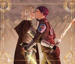 2girls bloodbroox brown_cloak cloak energy_sword from_side highres holding holding_sword holding_weapon hood hooded_cloak kiss lightsaber multiple_girls purple_hair red_lightsaber sabine_wren shin_hati short_hair star_wars star_wars:_ahsoka sword weapon white_hair yellow_lightsaber yuri