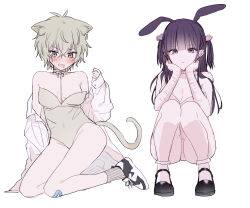 2girls absurdres ahoge animal_ears antenna_hair bandaid bandaid_on_leg bare_shoulders black_shoes blush breasts cat_ears cat_girl cat_tail choker closed_mouth commentary ear_piercing embarrassed green_choker green_eyes green_hair hair_between_eyes hair_ornament hand_on_ground hand_up hands_on_own_face hands_up heart heart_hair_ornament highres kneeling kumo_tabetai leotard long_hair looking_at_viewer looking_down medium_hair multiple_girls open_clothes open_mouth open_shirt original panties pantyshot piercing pink_choker playboy_bunny purple_eyes purple_hair rabbit_ears shirt shoes simple_background small_breasts socks squatting suzu_(kumo_tabetai) tail two_side_up underwear white_background white_shirt white_socks