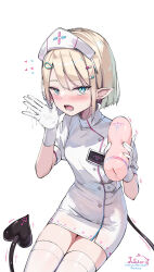 1girl :o artificial_vagina artist_name blonde_hair blue_eyes cum demon_girl demon_tail earrings gloves hair_ornament hairclip hand_up highres holding id_card jewelry latex latex_gloves liclac looking_at_viewer nurse original pill_hair_ornament pointy_ears sex_toy subscribestar_username tail thighhighs white_gloves white_thighhighs