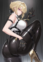 1girl ass black_pants blonde_hair chest_harness evelyn_chevalier gloves hair_up half_gloves harness high-waist_pants legs necktie pants purple_eyes richard4648 ring_hair_ornament single_half_glove solo tight_clothes tight_pants yellow_necktie zenless_zone_zero