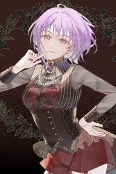 1girl absurdres amoris_(bang_dream!) bang_dream! bang_dream!_it&#039;s_mygo!!!!! black_background black_corset black_sleeve_cuffs breasts brown_background brown_nails cleavage collared_shirt commentary corset cowboy_shot earrings finger_to_mouth fingernails floral_background fondy_(fondy1999) gradient_background hand_on_own_hip hand_up highres index_finger_raised jewelry long_sleeves looking_at_viewer necklace parted_lips pearl_necklace pink_eyes purple_brooch purple_hair red_shorts see-through_cleavage see-through_clothes see-through_sleeves shirt short_hair shorts sleeve_cuffs solo striped_clothes striped_shirt three_quarter_view yuutenji_nyamu