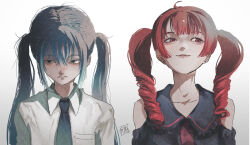2girls absurdres ahoge aqua_eyes aqua_hair aqua_necktie averting_eyes black_shirt commentary detached_sleeves drill_hair hair_between_eyes hatsune_miku highres kasane_teto kasane_teto_(utau) long_hair multiple_girls necktie red_eyes red_hair shirt sideways_glance sokura_(mochichitose) twin_drills twintails utau very_long_hair vocaloid white_shirt