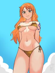 1girl absurdres arms_behind_back artist_logo artist_name asymmetrical_sidelocks bare_arms bare_legs bare_shoulders bikini blue_background blue_sky breasts breasts_apart cloud collarbone commentary cowboy_shot english_commentary female_focus gold_bikini golden_week_bikini groin highres large_breasts light_smile logo long_hair looking_at_viewer matching_hair/eyes nami_(one_piece) navel one_piece orange_eyes orange_hair parted_bangs shoulder_tattoo side-tie_bikini_bottom simple_background sky solo stomach swimsuit tattoo thighs underboob watcher_hollow wavy_hair