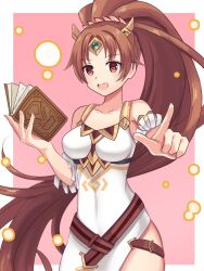 1girl book breasts brown_eyes brown_hair collarbone dress fire_emblem fire_emblem:_mystery_of_the_emblem fire_emblem_heroes forehead_jewel linde_(fire_emblem) long_hair magic medium_breasts nintendo official_alternate_costume pointing ponytail shira_yu_ki smile solo_focus very_long_hair white_dress