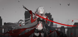 1girl absurdres acheron_(honkai:_star_rail) bare_shoulders coat commentary_request cowboy_shot detached_sleeves highres holding holding_sword holding_weapon honkai:_star_rail honkai_(series) incredibly_absurdres katana limited_palette long_hair long_sleeves midriff navel qixia red_eyes short_shorts shorts single_sleeve solo spot_color standing stomach sword very_long_hair weapon