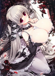 1girl ahoge azur_lane black_nails blunt_bangs blush bow breasts collarbone detached_collar detached_sleeves dress flower formidable_(azur_lane) hair_bow hair_ribbon high_heels highres large_breasts long_hair nail_polish oshiki_hitoshi pantyhose petals red_eyes ribbon rose silver_hair solo twintails very_long_hair white_pantyhose