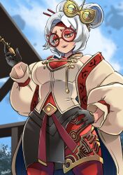 1girl artist_name breasts butcha-u female_focus glasses highres large_breasts nintendo open_mouth purah short_hair smile text_focus the_legend_of_zelda the_legend_of_zelda:_tears_of_the_kingdom white_hair yellow_eyes