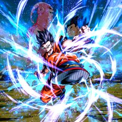 2boys aura black_eyes black_hair dragon_ball dragon_ball_legends highres kicking looking_at_viewer majin_buu multiple_boys muscular muscular_male official_art serious son_gohan ultimate_gohan