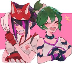 2girls absurdres animal_ears bare_shoulders black_hair blue_nails breasts choker cosplay costume_switch facepaint facial_mark fingerless_gloves fox_ears fox_mask gloves green_hair hair_horns hairband half_mask han_juri headpiece high_ponytail highres japanese_clothes kimono kiriko_(overwatch) mask medium_breasts multicolored_hair multiple_girls ninja ofuda overwatch pink_hair ponytail red_gloves short_hair si_(sitisi_28) smile spiked_choker spikes streaked_hair street_fighter street_fighter_6 topknot white_kimono