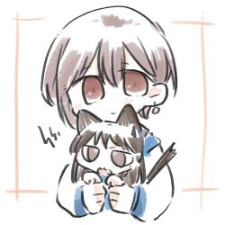 2girls animal_ears bang_dream! bang_dream!_it&#039;s_mygo!!!!! black_hair blue_jacket blush brown_eyes brown_hair carrying carrying_person cat_ears cat_girl cat_tail chibi closed_mouth cropped_torso earrings hair_between_eyes hands_up highres inset_border jacket jewelry kemonomimi_mode long_sleeves looking_at_viewer mini_person minigirl mole mole_under_eye multicolored_jacket multiple_girls open_mouth shiina_taki short_hair simple_background tail takamatsu_tomori toyo_(sameden46) two-tone_jacket upper_body v-shaped_eyebrows wavy_mouth white_background white_jacket