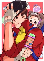 2boys ace_attorney animal_hood antenna_hair apollo_justice baby baby_bottle backpack bag bear_hood bib black_headwear blue_bag blush_stickers border bottle brown_eyes brown_hair closed_mouth collared_jacket father_and_son fingerless_gloves fingernails gloves hat hat_tip headwear_request high_collar highres holding holding_rattle hood hood_up jacket jove_justice looking_at_viewer male_focus multiple_boys outside_border pacifier pink_background ragi_(od6fine) rattle red_jacket shirt short_hair three-quarter_sleeves smile turtleneck white_border white_gloves yellow_shirt