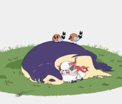4others blush_stickers closed_eyes fletchling gen_6_pokemon grass hisuian_typhlosion hisuian_zorua lying multiple_others nintendo on_grass on_stomach pokemon pokemon_(creature) signature sleeping sleeping_on_pokemon sleeping_together tiger_subaru white_background