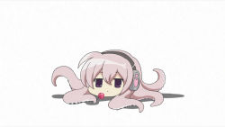 10s 1girl candy female_focus food headphones lollipop long_hair megurine_luka pink_hair purple_eyes screencap simple_background solo takoluka tantei_opera_milky_holmes tentacles tooyama_saku white_background