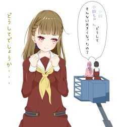 3: 3girls absurdres ahoge anyoji_hime bairasu_02 black_hair blunt_ends blush braid brown_dress brown_hair center-flap_bangs clenched_hands closed_mouth commentary_request dress frown giant giantess grey_ribbon hair_ribbon hands_up hasu_no_sora_school_uniform highres hood hooded_jacket jacket kachimachi_kosuzu link!_like!_love_live! long_hair long_sleeves looking_at_another love_live! momose_ginko multi-tied_hair multicolored_eyes multiple_girls neckerchief pink_eyes pink_hair pink_jacket ponytail ribbon sailor_collar sailor_dress school_uniform shared_speech_bubble short_hair side_ahoge side_braids sidelocks simple_background speech_bubble split_mouth straight_hair translation_request white_background white_sailor_collar winter_uniform yellow_eyes yellow_neckerchief