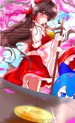 3girls absurdres artist_name ascot blue_bow blue_hair bow broom broom_riding cirno coin detached_sleeves frilled_bow frilled_hair_tubes frills gold_coin hair_bow hair_tubes hakurei_reimu hat highres hirwannew ice kirisame_marisa multiple_girls red_bow red_skirt ribbon-trimmed_sleeves ribbon_trim self-upload shadow skirt skirt_set touhou watermark witch_hat yellow_ascot